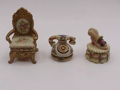 VTG Porcelain Trinket Box Lot Pink Shoe Chair Telephone Hinged Roses MCM • $39.99