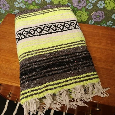 £19.99 • Buy Mexican Bright Illuminous Yellow Grey Woven Stripy Falsa Yoga Blanket / Throw
