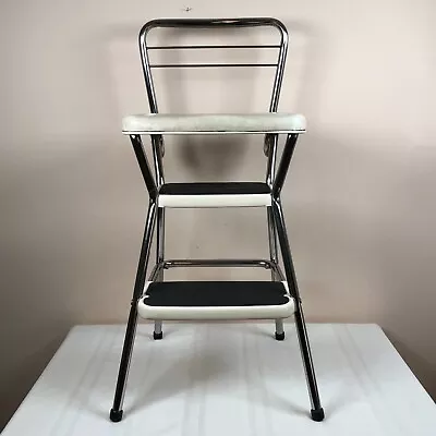 Vintage Cosco Kitchen Step Chair Stool With Flip Up Seat Cream  Chrome • $89