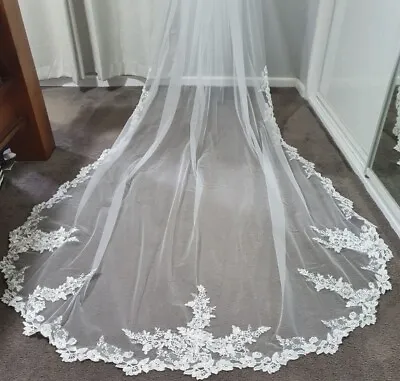 White Embroidery Cathedral Length Bridal Wedding Veil With Metal Hair Comb • £25