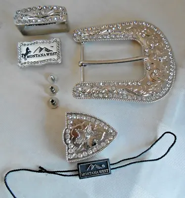 Brass Belt Buckle Western Style Silvertone Rhinestone Bling By Montana West • $25