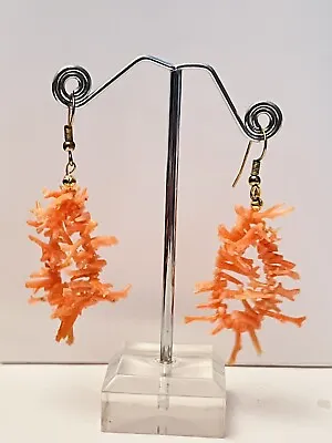 Coral Earrings VTG Branch Genuine Natural Beaded Pink Dangle Pierced Abstract • $28