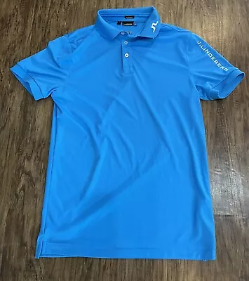 J Lindeberg Polo Shirt Mens Sm Short Sleeve Blue Golf Logo Spell Out Regular Fit • $22