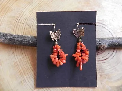 Vintage Branch Coral & Sterling Silver .800 BUTTERFLY Gold Vermeil Earrings  • $39.99