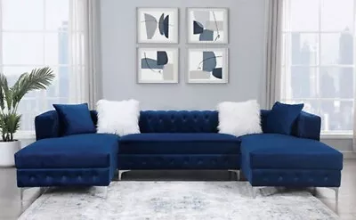 Modern Living Room Furniture U-Shape Blue Fabric Sofa Chaise Sectional Set ICAT • $1936.73