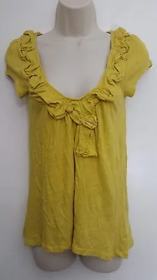 C Keer Womens Top XS Yellow Ruffled Scoop Neck Cap Sleeve Cotton Anthropologie • $9.99