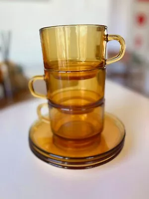 Vereco France Amber Glass 3 Cups & 3 Saucers Duralex Tempered Glass • $24