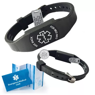 Waterproof Responder Medical ID Bracelet. 10 Lines Custom Engraved. Black/Gray • $44.95