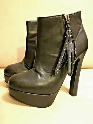 London Rebel Studded Tassel Platform High Heel Round Toe Ankle Boots Black UK 5 • £15