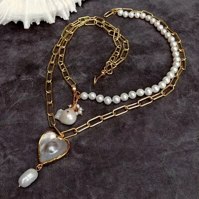 Cultured White Pearl Mabe Pearl Pendant Gold Plated Chain Necklace • $38.19