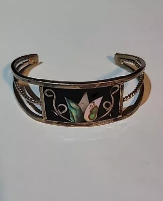 Vintage Alpaca Mexico Silver Cuff Bracelet Inlaid Abalone Flower 2.5  • $19.95