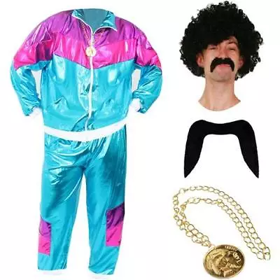 80s Scouser Shell Suit Fancy Dress Costume 1980's Black Perm Wig Tash Medallion  • £29.99