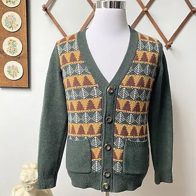 Vintage Lambswool Festive Sweater Elbow Patches Cardigan Christmas Mens Knit XS • $45