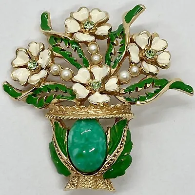 RARE VINTAGE SIGNED KRAMER GREEN CABOCHON VASE FLOWER BROOCH FLORAL PIN W ENAMEL • $235