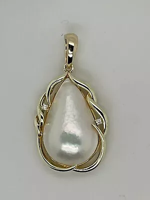 14k Yellow Gold Pear Shaped Mabe Pearl & Diamond Pendant Enhancer Bail 6.5 Gr • $345