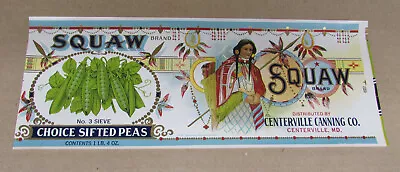 Old Original Tin Can Label SQUAW PEAS Centerville Md Indian & Baby • $5.99