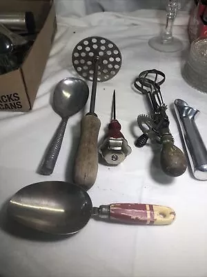 [g11] --- Vintage Lot Of 6 Wood Handle Kitchen Tools Utensils Gadgets • $7.99