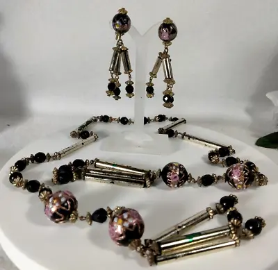 Venetian Black Wedding Cake Lariat Necklace Earrings Art Glass Pink Rose Flower • $75