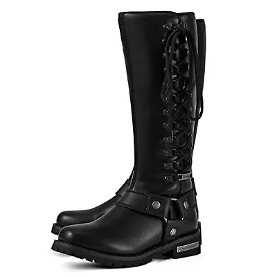 Women's Harness Motorcycle Boots For Riding Lace Up Knee High Boots Biker Boots • $96.29