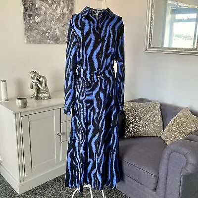Blue & Black Zebra Collared Long Sleeve Buttoned Belted Maxi Shirt Dress M 10-12 • £30