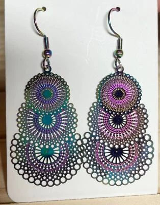 HANDMADE Pair Rainbow Laser Cut Circles Drop Hook Earrings - Perfect Gift • $11.95