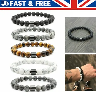 Men's Gemstone Strand Bracelet Black Magnetic Hematite Beads Energy Healing 8mm • £3.99