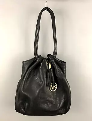 Michael Kors Pebbled Leather Ring Tote Shoulder Bag Black Snap Tassel Logo Charm • $42.99