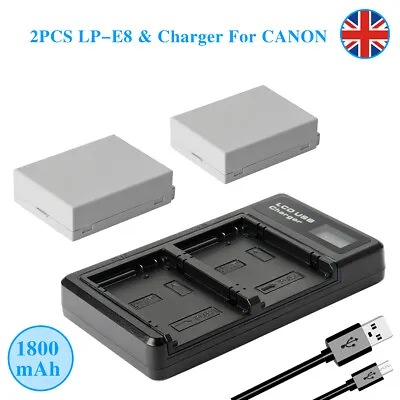 2x LP-E8 Battery + Dual Charger For Canon EOS 550D 600D 650D 700D Kiss X4 X6 T2i • £23.93
