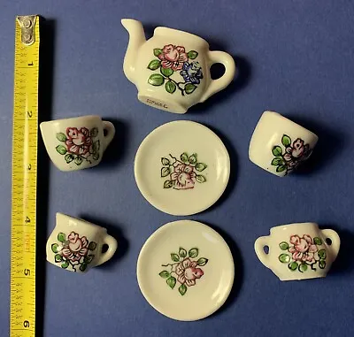 Vintage 50s Child's Toy Miniature China Tea Set Japan 7 Piece Pink Blue Flowers • $6