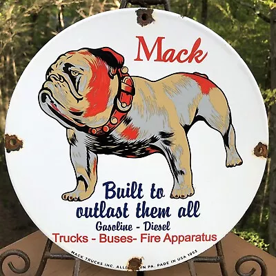 Vintage 1953 Dated Porcelain Mack Truck 10” Bulldog Buses Fire Gas Oil Sign • $29.99