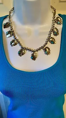 Vintage Native American Sterling Silver Turquoise Squash Blossom Necklace • $475