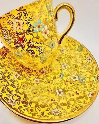 Royal Winton Rare Demitasse Gold Jeweled Floral Chintz Cup & Saucer Teacup • $49.99