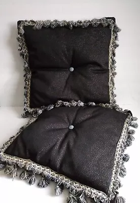 Pair Mid Century Throw Pillows Sparkly Black With Blue Knit Edging And Tassels • $39.99