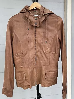 Vince Tan Leather Moto Jacket With Detacheable Hood L Pre Owned • $69