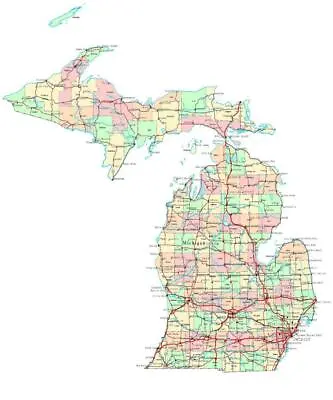 MICHIGAN ROAD MAP GLOSSY POSTER PICTURE PHOTO State City County Detroit Mi 5459 • $11.99