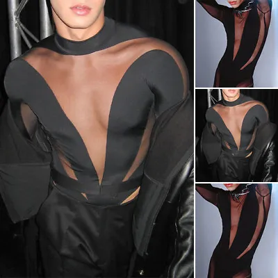 UK Men Mesh Patchwork Leotards Bodysuits Long Sleeve Rompers Bodysuits Underwear • £17.09