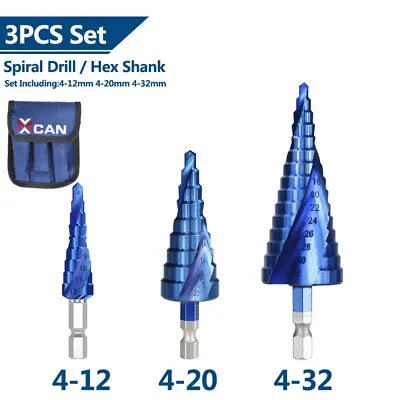 Spiral Step Cone Drill Bit Set HSS Hex Shank Blue Coated Metal Hole Cutter • £14.39