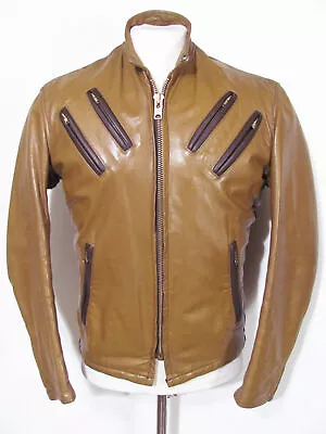 Vintage CAMEL TAN BROWN LEATHER 70s CAFE RACER MOTORCYCLE BIKER JACKET Usa 38 M • $239.99