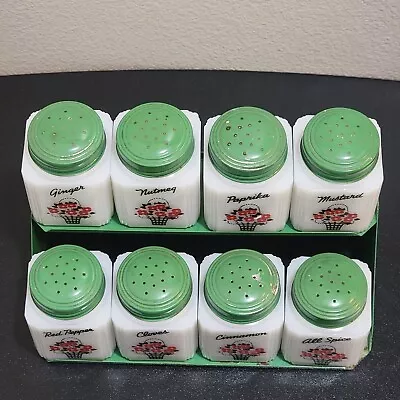 Vintage Tipp USA Spice Jars Milk Glass Green Metal Lids Flowers Set Of 8 W/ Rack • $189