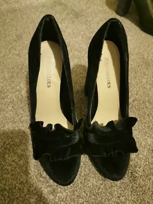 Black Velvet Frilled Heels Shoes Size 4 RRP 49.99 • £9.99