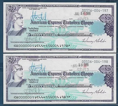 American Express Travellers Cheque $20 2 Pcs Lot 1995 / Not Specimen AU • $32.50