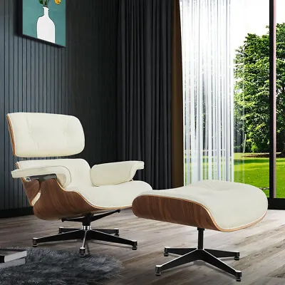 £659 • Buy Off-White Eams Lounge Chair With Stool Genuine Leather Club Seat Armchair