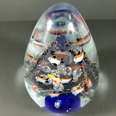 Large 6  Hand Blown Art Glass Paperweight Underwater Fish Bubbles Egg DAMAGED • $29.99