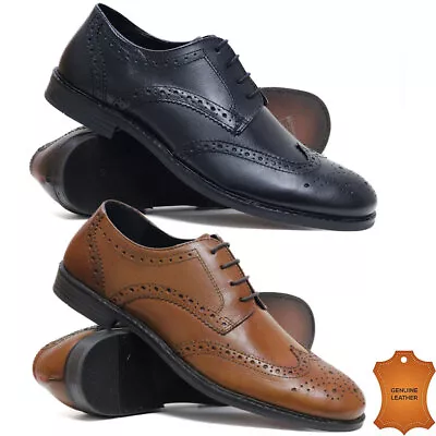 Mens Leather Brogues Smart Casual Lace Up Formal Oxford Work Office Shoes Size • £23.95