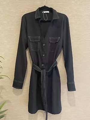 Kookai Ladies Black Long Sleeve Contrast Stitch Button Up Shirt Dress Size 40/12 • $45