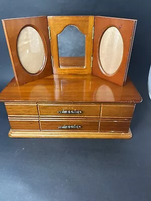 Vtg Wooden Jewelry Box Cabinet Chest Organizer W Mirror & Photo Frames 2 Drawers • $35