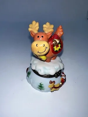 Reindeer With Santa & Sled Hinged Ceramic Trinket Box Pill Box Winter Christmas • $19.99