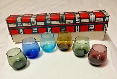 Vintage MCM Multi Colored Etched Shot Glasses Set Of 6 KOREA Saki Soju NEW NIB • $22