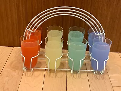 MCM Style Tumbler Glasses Barware Set Of 8 Yellow Green Blue Orange With Caddy • $99