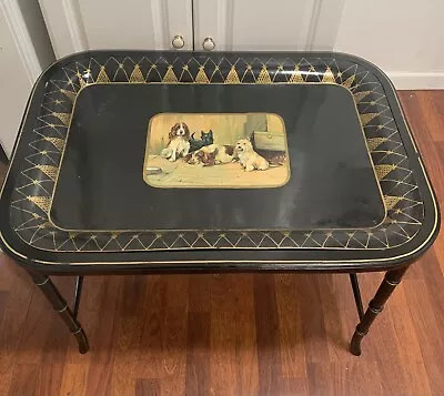 Coffee Tray Table With Hand Painted Dog Family Portrait Antique • $985